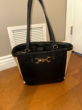 Anne Klein Black and Beige Tote with Gold Accent